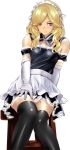  bar_stool bare_shoulders black_legwear blonde_hair blue_eyes elbow_gloves gloves k2isu legs maid maid_headdress original sitting smile solo stool thigh-highs thighhighs waist_apron zettai_ryouiki 