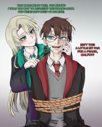  1boy 1girl absurdres blonde_hair blush brown_hair chair english_text genderswap genderswap_(mtf) glasses green_eyes harry_potter harry_potter_(series) highres hogwarts_school_uniform holding holding_wand long_hair malfoid open_mouth restrained scar scar_on_face school_uniform selverna smile sweat teeth threat tied_to_chair wand wide_sleeves wizarding_world yandere 