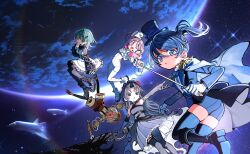  5girls arm_up artist_request black_hair blue_boots blue_eyes blue_hair blue_hat blue_jacket blue_ribbon blue_shorts blue_streaks blue_thighhighs bodysuit boots card_commentary character_request clothing_request copyright_name epaulettes flower from_behind full_body gloves green_hair hair_flower hair_ornament hat headphones headset highres holding holding_sword holding_weapon holding_wrench jacket knee_boots lilly_candy long_sleeves looking_at_viewer looking_back magical_girl mahou_shoujo_madoka_magica mahou_shoujo_madoka_magica_magia_exedra mini_hat multicolored_hair multiple_girls nagiboshi_sorana neck_ribbon official_art one_eye_closed open_mouth outstretched_arm pink_hair planet ribbon shirt shoe_soles shoes short_hair shorts side_ponytail smile space spacecraft streaked_hair sword tachi-e textless_version thigh-highs third-party_source transparent_background v weapon white_bodysuit white_gloves white_hair white_shirt white_shoes wrench zettai_ryouiki 