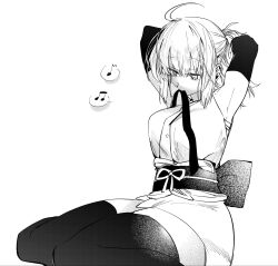  1girl adjusting_hair ahoge armpits arms_behind_head arms_up back_bow bare_shoulders bow breasts commentary detached_sleeves fate/grand_order fate_(series) greyscale hair_between_eyes hair_tie hair_tie_in_mouth half_updo hand_in_own_hair hands_in_own_hair highres holding holding_hair_tie holding_own_hair humming japanese_clothes kimono large_bow monochrome mouth_hold musical_note nanka0616 okita_souji_(fate) ponytail ribbon ribbon_in_mouth short_hair short_kimono sitting solo thigh-highs tying_hair wariza 