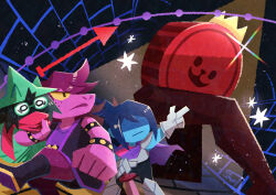  1boy 1girl 1other absurdres androgynous animal_ears armlet arrow_(symbol) black_boots black_eyes black_hair black_vest blue_skin boots bracelet closed_mouth colored_sclera colored_skin commentary_request crown cuirass deltarune freckles furry furry_female furry_male gauntlets glasses green-framed_eyewear highres holding holding_sword holding_weapon jewelry k._round kris_(dark_world)_(deltarune) kris_(deltarune) long_hair no_eyes open_clothes open_vest pants pink_scarf pointing purple_hair purple_pants purple_shirt purple_skin ralsei reptile_girl round_eyewear scarf scene_reference shaded_face shirt short_hair spiked_armlet spiked_bracelet spikes susie_(dark_world)_(deltarune) susie_(deltarune) sweat sword utdr_(toby_fox) vest watawata22 weapon yellow_sclera 