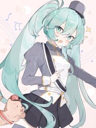  1girl aqua_eyes aqua_hair belt black_sash black_skirt blush boots cat collared_jacket dog doremifa_rondo_(vocaloid) double-parted_bangs grey_hat grey_jacket hat hatsune_miku highres jacket juliet_sleeves jumping llama long_hair long_sleeves looking_at_viewer miao_miao_lutani miniskirt monkey musical_note open_mouth peaked_cap pleated_skirt pointing puffy_sleeves red_hat red_sash sash sheet_music shoulder_sash sidelocks skirt smile standing thigh_boots tiger twintails very_long_hair vocaloid white_belt zettai_ryouiki 