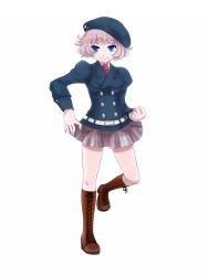  1girl belt beret blue_eyes blue_hat blue_jacket boots brown_boots buttons clenched_hand closed_mouth commentary_request double-breasted full_body hat highres jacket kumapopo lace-up_boots long_sleeves looking_at_viewer necktie original red_necktie short_hair simple_background smile solo standing standing_on_one_leg white_background white_belt 