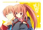  1boy 1girl brother_and_sister brown_hair little_busters!! long_hair natsuki_coco natsume_kyousuke natsume_rin ponytail pout red_eyes school_uniform short_hair siblings 