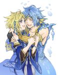  blonde_hair blue_eyes blue_hair bubble closed_eyes couple detached_sleeves dissidia_012_final_fantasy dissidia_final_fantasy eyes_closed final_fantasy final_fantasy_x fingerless_gloves fraternity gloves hug open_mouth personification shinzui_(fantasysky7) smile 