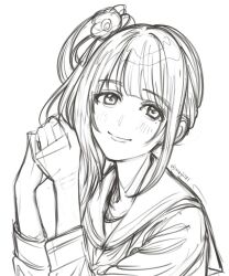  1girl animification blush borrowed_hairstyle closed_mouth commentary_request flower greyscale hair_flower hair_ornament hanamiya_nina looking_at_viewer love_live! love_live!_hasu_no_sora_jogakuin_school_idol_club meiji_(mosamoo3) monochrome otomune_kozue real_life side_ponytail sidelocks smile solo tassel tassel_hair_ornament virtual_youtuber voice_actor voice_actor_connection 