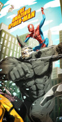  3boys animal_ears animal_print blue_bodysuit bodysuit broken_glass building character_name cityscape clouds cloudy_sky construction_site copyright_name dynamic_pose entangled glass green_goblin grey_bodysuit hand_on_another's_back horns kit_(kittic) male_focus marvel motion_blur multicolored_bodysuit multiple_boys muscular muscular_male open_mouth punching red_bodysuit rhino_(marvel) rhinoceros_ears silk single_horn size_difference sky skyscraper spider-man spider-man_(original_suit) spider-man_(series) spider_print spider_web spider_web_print superhero_costume toned toned_male two-tone_bodysuit unused_tire 
