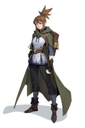  1girl ankle_boots arm_guards arms_at_sides backpack bag belt belt_buckle black_pants boots breasts brown_bag brown_belt brown_boots brown_eyes brown_hair buckle cape clenched_hands closed_mouth commentary concept_art dongho_kang dota_(series) dota_2 english_commentary full_body green_cape highres hood hooded_cape lips looking_at_viewer marci_(dota) medium_hair nose official_art pants ponytail shadow sidelocks simple_background small_breasts solo standing tunic white_background white_tunic 