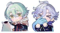  >_< 00315bh 2boys ahoge alyosha_(genshin_impact) animal animal_ears animal_nose black_gloves black_jacket blue_hair blue_jacket blue_scarf blush brown_cape bullet cape chibi chibi_only closed_eyes closed_mouth collared_jacket covered_mouth dog dog_ears earmuffs fur-trimmed_cape fur_trim genshin_impact gloves green_hair hair_between_eyes hands_up highres hood hooded_cape husky jacket long_sleeves looking_at_animal looking_down male_focus mitya_(genshin_impact) multiple_boys open_clothes open_jacket pet petting popped_collar puffy_long_sleeves puffy_sleeves purple_jacket scarf shadow short_hair simple_background smile sweatdrop tongue tongue_out tugarin_(genshin_impact) two-sided_fabric two-sided_jacket upper_body wavy_hair white_background white_dog yellow_eyes 