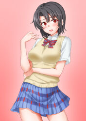  1girl alternate_costume anti_(untea9) arm_across_waist black_hair blue_skirt blush bow bowtie breasts collared_shirt commentary_request cowboy_shot diagonal-striped_bow diagonal-striped_bowtie diagonal-striped_clothes hand_up highres kantai_collection large_breasts looking_at_viewer love_live! love_live!_school_idol_project neckerchief open_mouth otonokizaka_school_uniform plaid_clothes plaid_skirt pleated_skirt red_background red_bow red_bowtie red_eyes school_uniform shirt short_hair short_sleeves simple_background skirt solo standing striped_bow striped_bowtie striped_clothes summer_uniform sweater_vest takao_(kancolle) white_shirt yellow_sweater_vest 