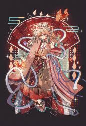  1girl arknights bare_shoulders bow-shaped_hair chinese_clothes chinese_commentary closed_mouth commentary_request coral_hair_ornament earrings feixianji_(hairstyle) fish full_body goldfish hair_ornament hair_rings hair_stick hand_fan hanfu haruka_(arknights) haruka_(stranded_in_utopia)_(arknights) highres jewelry long_hair long_sleeves looking_at_viewer official_alternate_costume orange_hair pointy_ears sandals shawl solo standing wide_sleeves wu_dao_xintu 