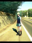  bandage copyright_request footwear green_hair highres kodamasawa_izumi legs long_hair road skirt socks solo sweater 
