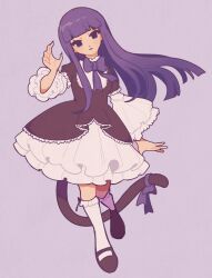  1girl absurdres arm_up ascot black_dress black_nails black_shoes blunt_bangs bow cat_tail choombie collar dress expressionless floating floating_hair frederica_bernkastel frilled_ascot frilled_collar frilled_skirt frilled_sleeves frilled_socks frills full_body gothic_lolita hands_up highres kneehighs layered_dress layered_sleeves leaning_to_the_side lolita_fashion long_hair long_sidelocks long_sleeves looking_at_viewer mary_janes neck_ribbon open_clothes open_dress open_mouth pastel_colors petticoat puffy_sleeves purple_background purple_bow purple_hair purple_ribbon ribbon ribbon-trimmed_collar ribbon-trimmed_socks ribbon_trim shoes short_over_long_sleeves short_sleeves sidelocks simple_background skirt skirt_under_dress socks solo standing standing_on_one_leg straight_hair tail tail_ornament tail_ribbon umineko_no_naku_koro_ni violet_eyes white_ascot white_skirt white_sleeves white_socks wide_sleeves 