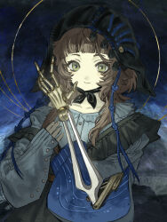  1girl absurdres black_coif black_skirt blue_background blue_shirt brown_hair chinstrap coppelia_(reverse:1999) green_eyes hands_up harari highres looking_at_viewer mechanical_arms medium_hair prosthesis prosthetic_arm reverse:1999 shirt single_mechanical_arm skirt smile solo upper_body 