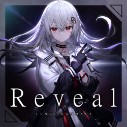  1girl black_choker black_dress black_gloves bracelet character_name choker closed_mouth cropped_jacket crossed_bangs dress expressionless gloves hair_between_eyes hair_ornament highres indie_virtual_youtuber jacket jewelry kannagi_tenri kazunehaka long_hair long_sleeves looking_at_viewer open_clothes open_jacket red_eyes solo triangle_hair_ornament virtual_youtuber white_hair white_jacket 