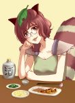  1girl absurdres animal_ears arm_rest blouse bottle bowl breasts brown_eyes brown_hair chopsticks cleavage dango food futatsuiwa_mamizou glasses head_rest head_tilt highres leaf leaf_on_head lettuce lips looking_at_viewer oujiouji parted_lips pince-nez plate raccoon_ears raccoon_tail short_hair skewer solo swiss_cheese table tail touhou wagashi yellow_background 