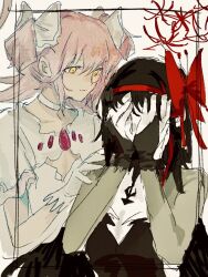  2girls akemi_homura akuma_homura bare_shoulders black_gloves black_hair bow bridal_gauntlets choker commentary_request dress gloves goddess_madoka hair_ribbon kaname_madoka long_hair magical_girl mahou_shoujo_madoka_magica mahou_shoujo_madoka_magica:_walpurgis_no_kaiten multiple_girls pink_hair ribbon smile two_side_up very_long_hair wataru032281529 white_dress white_gloves wings yellow_eyes 