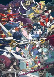  6+boys 6+girls absurdres akagi_toma aoi_itsuki armor arrow_(projectile) axe bow_(weapon) caeda_(fire_emblem) cain_(fire_emblem:_shadow_dragon) chrom_(fire_emblem) closed_mouth commentary_request draug_(fire_emblem) edaorim eyepatch facing_another falchion_(fire_emblem) fire_emblem from_side highres holding holding_arrow holding_axe holding_bow_(weapon) holding_microphone_stand holding_polearm holding_sword holding_weapon kurono_kiria lance looking_at_another microphone_stand minamoto_mamori multiple_boys multiple_girls navarre_(fire_emblem) one_eye_covered open_mouth oribe_tsubasa polearm smile sword tharja_(fire_emblem) tokyo_mirage_sessions_fe tsurugi_yashiro virion_(fire_emblem) weapon yumizuru_eleanora 