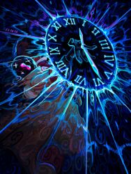  1girl black_gloves brown_coat clock coat deadlock_(game) english_commentary gloves helmet highres latex latex_thighhighs lava_lamp long_coat myxineye outstretched_hand paradox_(deadlock) roman_numeral solo swirl thigh-highs 