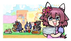  4girls animal_ears apple apron black_hair blue_eyes blue_hair brown_hair carrot cesario_(umamusume) chibi cooking cutting_board dark-skinned_female dark_skin fang flower food fruit green_apron hair_flower hair_ornament hishi_amazon_(umamusume) holding holding_knife holding_mixing_bowl holding_plate horse_ears horse_girl horse_tail katsuragi_ace_(umamusume) knife looking_at_viewer mixing_bowl multicolored_hair multiple_girls open_mouth pikmin_(creature) pikmin_(series) pikminpreggedup pink_apron plate plate_stack red_pikmin sakura_chiyono_o_(umamusume) school_uniform smile tail tracen_school_uniform two-tone_hair umamusume white_apron white_hair yellow_apron 