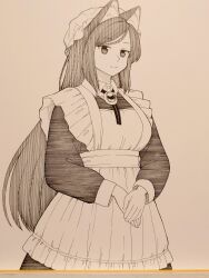  1girl absurdres alternate_costume animal_ears apron brooch collared_dress commentary_request dress enmaided highres imaizumi_kagerou jewelry long_hair long_sleeves maid maid_apron photo_(medium) poronegi shikishi solo touhou traditional_media very_long_hair wolf_ears wolf_girl 