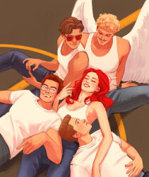  1girl 4boys angel_(x-men) bare_shoulders beast_(x-men) blonde_hair blue_pants brown_hair closed_eyes commentary denim english_commentary feathered_wings glasses highres iceman_(x-men) jean_grey jeans jennipond lips long_hair looking_at_another lying marvel multiple_boys pants pink_lips profile red-tinted_eyewear red_hair scott_summers shirt short_hair sitting sleeveless sleeveless_shirt smile sunglasses tinted_eyewear white_shirt white_wings wings x-men 