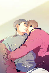  2boys black_hair brothers brown_hair commentary_request cuddling grey_hair grey_shirt haikyuu!! jacket jacket_partially_removed long_sleeves lying male_focus miya_atsumu miya_osamu multicolored_hair multiple_boys on_back on_side pants parted_lips red_jacket shirt short_hair siblings twins two-tone_hair very_short_hair white_pants y_kabara 