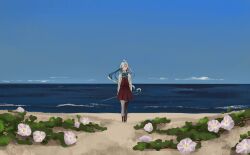  1girl absurdres antenna_hair asashimo_(kancolle) beach blue_bow blue_bowtie blue_hair blue_sky boots bow bowtie brown_boots clouds collared_shirt colored_inner_hair day dress flower frown full_body grey_eyes grey_hair grey_pantyhose hair_over_one_eye highres horizon kantai_collection kuragare long_hair long_sleeves looking_at_viewer multicolored_hair ocean outdoors pantyhose parted_bangs pleated_dress ponytail red_dress shirt shore sky solo standing very_long_hair white_shirt 
