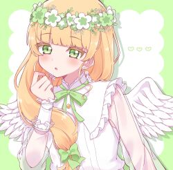  1girl blonde_hair blunt_bangs blush border frilled_sleeves frills green_border green_eyes green_ribbon hair_over_shoulder head_wreath heanna_sumire heart highres long_hair long_sleeves looking_at_viewer love_live! love_live!_superstar!! low-tied_long_hair memeta_(oolm_m) neck_ribbon open_mouth outside_border ribbon see-through_clothes see-through_sleeves simple_background solo upper_body white_background 