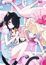  2girls :3 absurdres ame-chan_(needy_girl_overdose) animal_ears bare_shoulders bell black_hair black_socks blonde_hair blue_eyes blue_hair blue_shirt blue_skirt blush bow cat cat_ears cat_tail cat_teaser chouzetsusaikawa_tenshi-chan closed_mouth commentary dress fraiisiemimi frills hair_ornament hair_over_one_eye hairclip heart highres holding long_hair looking_at_viewer lying multicolored_hair multiple_girls needy_girl_overdose on_side paw_pose paw_print pink_bow pink_dress pink_ribbon pink_socks purple_hair ribbon shirt skirt socks tail twintails untranslatable_commentary violet_eyes virtual_youtuber x_hair_ornament yarn 