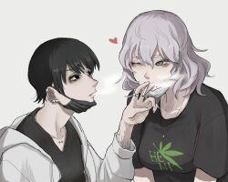 2girls black_eyes black_hair black_shirt breasts cigarette closed_mouth collarbone_piercing commentary_request ear_piercing earclip earrings exhaling_smoke green_eyes grey_background grey_hair hair_between_eyes heart highres holding holding_cigarette hood hood_down hooded_jacket jacket jewelry long_sleeves looking_at_another mask medium_breasts medium_hair mouth_mask mouth_mask_under_chin multiple_girls necklace one_eye_closed original piercing print_shirt ring shirt short_hair simple_background smoking tabao upper_body white_jacket yuri 