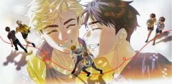  2boys age_progression black_hair black_pants black_shirt black_shorts blonde_hair blush brothers closed_eyes commentary english_commentary grin haikyuu!! highres jacket male_focus miya_atsumu miya_osamu multiple_boys multiple_views necktie pants red_necktie running sand1531848 school_uniform shirt short_hair shorts siblings simple_background smile t-shirt track_jacket twins white_background 