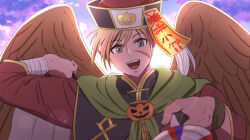  1boy candy commentary_request ephikro0810 feathered_wings fire_emblem fire_emblem:_radiant_dawn fire_emblem_heroes food hat holding holding_candy holding_food holding_lollipop janaff_(fire_emblem) janaff_(treat_or_talon)_(fire_emblem) jiangshi_costume laguz_(fire_emblem) lollipop looking_at_viewer male_focus open_mouth qingdai_guanmao scar scar_on_cheek scar_on_face smile upper_body wings 