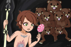 1boy bear bone brown_hair buryo candy cave_interior chest_tattoo child dipper_pines food gravity_falls green_eyes holding holding_candy holding_food holding_lollipop holding_polearm holding_weapon imminent_rape lollipop male_focus multi-bear open_mouth parody pedobear polearm short_hair spear tattoo topless_male weapon 