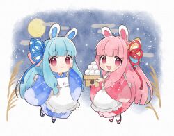  2girls :3 :d absurdres apron binchou_maguro black_sandals blue_hair blue_kimono blue_ribbon blunt_bangs blunt_ends blush_stickers chibi chibi_only closed_mouth commentary_request dot_nose food full_body full_moon hair_ribbon highres japanese_clothes kimono kotonoha_akane kotonoha_aoi long_hair long_sleeves looking_at_viewer mochi moon multiple_girls open_mouth pink_hair pink_kimono red_eyes red_ribbon ribbon sandals siblings sisters sleeves_past_wrists smile socks tabi voiceroid white_apron white_socks wide_sleeves 
