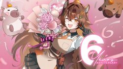  364ing :d ;d animal_ear_fluff animal_ears belt_pouch black_gloves bouquet brown_hair capybara capybara_girl commentary confetti earrings english_commentary flower food food_on_head fruit gloves hair_ornament highres indie_virtual_youtuber jewelry long_hair mandarin_orange mikan_(vtuber) milestone_celebration necktie object_on_head one_eye_closed orange_necktie pink_flower pouch second-party_source smile triangle_hair_ornament v virtual_youtuber white_flower 