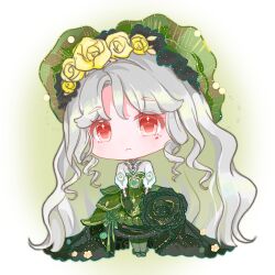  1girl absurdly_long_hair ankle_flower anklet beads bonnet border bow brown_eyes chibi chinese_commentary classic_lolita closed_mouth collar colored_eyelashes commentary_request cross-laced_clothes cross-laced_gloves detached_collar dress dress_bow dress_flower elbow_gloves eyes_visible_through_hair facepaint flower frilled_collar frilled_headwear frills frown galuan gloves gown green_background green_bonnet green_bow green_collar green_dress green_flower green_gloves green_rose green_shoes grey_hair hair_beads hair_flower hair_ornament hair_through_headwear hands_on_lap heart-shaped_bonnet high_collar highres if_some_one_loves_a_flower_(infinity_nikki) infinity_nikki jewelry le_petit_prince light_blush lolita_fashion long_dress long_hair looking_at_viewer nikki_(series) official_alternate_color outside_border pantyhose parted_bangs petals puffy_short_sleeves puffy_sleeves raised_eyebrows ringlets rose round_border shirt shirt_under_dress shoes short_sleeves sidelocks solo standing strapless strapless_dress striped_clothes striped_headwear train_(clothing) vertical-striped_clothes vertical-striped_headwear very_long_hair wavy_hair white_bow white_pantyhose white_shirt yellow_flower yellow_rose 