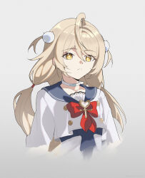  1girl ahoge blonde_hair blue_sailor_collar choker closed_mouth cropped_shirt grey_background hair_between_eyes hair_ornament highres long_hair looking_at_viewer official_alternate_costume phoenix_reffaella phoenix_reffaella_(daydream_complex) pom_pom_(clothes) pom_pom_hair_ornament sailor_collar shirt simple_background solo thorn_(kmconceptart) upper_body white_choker white_shirt yellow_eyes zenless_zone_zero 