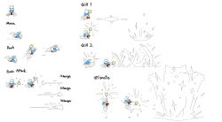  1girl animal_ears arrow_(symbol) blue_capelet blue_eyes capelet cassia_(halcyon_zero) casting_spell cat cat_ears cat_girl cat_tail closed_eyes commentary concept_art dashing dongho_kang english_commentary english_text floating full_body halcyon_zero highres holding holding_wand jumping levitation looking_to_the_side motion_lines official_art robe running simple_background standing tail wand white_background white_robe 