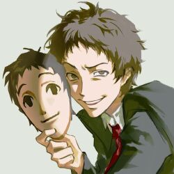  1boy adachi_tohru bags_under_eyes black_jacket brown_eyes brown_hair closed_mouth collared_shirt crazy_eyes from_side furrowed_brow grey_background grin highres holding holding_mask jacket leaning_forward male_focus mask necktie persona persona_4 red_necktie shirt short_hair simple_background smile solo suit teeth unworn_mask upper_body upper_teeth_only upturned_eyes white_shirt zhunisi_shitang_dafanguo 