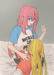  2girls alternate_costume blonde_hair blue_eyes bocchi_the_rock! casual clothes_writing commentary_request crew_neck double-parted_bangs english_text gotoh_hitori hair_between_eyes hair_down hand_on_another's_back highres holding hug ijichi_nijika lap_pillow long_hair mimikaki multiple_girls on_bed open_mouth pink_hair raglan_sleeves red_shirt seiza shirt sitting straight_hair sweat t-shirt turn_pale user_vsrh8738 very_long_hair white_shirt yuri 