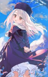  :d absurdres arm_behind_back bird blue_sky clouds cloudy_sky coat commentary_request fate_(series) floating_hair flock hat highres illyasviel_von_einzbern light_blush long_hair long_sleeves looking_at_viewer looking_back open_mouth own_hands_together purple_coat purple_hat red_eyes scarf sky smile standing white_bird white_hair white_scarf wind youmeng33 