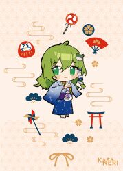  1girl absurdres alternate_costume bag bagged_fish blue_background chibi chibi_only closed_mouth commentary_request daruma_doll fish frog_hair_ornament full_body gradient_background green_eyes green_hair hair_ornament hair_tubes highres japanese_clothes kimono kochiya_sanae long_sleeves looking_at_viewer obi pinwheel purple_sash sash single_hair_tube smile snake_hair_ornament solo tamagogayu1998 torii touhou wide_sleeves yukata 