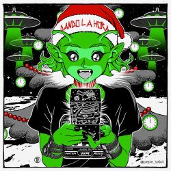  1girl alien antennae artist_logo breasts choker colored_skin commentary english_commentary fangs flying_saucer green_skin hat jose_salot limited_palette logo nail_polish open_mouth original pointy_ears red_choker red_hat santa_hat shirt small_breasts smile solo spacecraft spot_color t-shirt ufo upper_body watch watch 