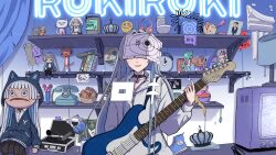  1girl absurdres animal_ear_hood black_choker black_skirt blue_hoodie blue_shoes book cat character_doll choker clock corded_phone covered_eyes crescent crown doll guitar headphones highres holding holding_guitar holding_instrument hood hood_up hoodie indie_virtual_youtuber instrument jam kochira_yoto long_hair long_sleeves matryoshka_doll microphone phone photo_(object) shoes skirt solo stuffed_toy suitcase television toy user_kgnp3584 virtual_youtuber watermark white_hair white_hoodie 