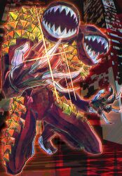  1boy agni_(dds) carapace chromatic_aberration claws colored_skin commentary demon_(megami_tensei) digital_devil_saga english_commentary facing_viewer glint graha_gaming heat_(dds) highres male_focus multiple_heads no_eyes open_mouth red_skin sharp_teeth solo squatting teeth 