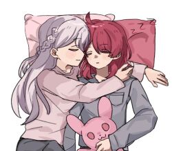  2girls arms_around_neck bang_dream! bang_dream!_yumemita braid closed_eyes closed_mouth commentary cuddling grey_shirt half_up_braid hand_in_another's_hair long_hair miyanaga_nonoka miyanaga_nonoka_(real) multiple_girls pillow pink_shirt purple_hair red_hair sengoku_yuno sengoku_yuno_(real) shatangju_(bokuto1463) shirt simple_background sleeping_together stuffed_animal stuffed_rabbit stuffed_toy untranslatable_commentary white_background yuri zzz 