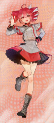  1girl absurdres ahoge black_boots boots buttons commentary_request double-breasted drill_hair frilled_skirt frills full_body grey_jacket grey_skirt hair_ribbon hand_on_own_hip highres jacket kasane_teto kasane_teto_(sv) keicha_(k_keicha_) lace-up_boots looking_at_viewer midriff_peek open_mouth red_eyes red_hair ribbon skirt solo synthesizer_v twin_drills utau white_ribbon 