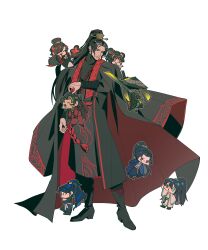  4boys 4girls absurdres arm_wrap black_boots black_coat black_eyes black_hair black_hanfu black_pants black_shoes boots chibi chibi_inset chibi_on_shoulder chinese_clothes closed_eyes closed_mouth coat coat_on_shoulders commentary_request curtained_hair double_bun flower full_body hair_bun hair_ornament hanfu hat high_ponytail highres holding holding_mini_person holding_sword holding_weapon hong_lu_(hongyuan)_(project_moon) hong_lu_(project_moon) jia_huan_(project_moon) jia_qiu_(project_moon) jia_xichun_(project_moon) lei_heng_(project_moon) limbus_company lin_daiyu_(project_moon) long_hair long_sleeves looking_at_another mini_person multiple_boys multiple_girls nobunobanobu open_mouth pants parted_bangs pink_eyes ponytail project_moon red_coat red_eyes red_hair red_rope red_scarf rope rope_belt sash scar scar_on_face scarf shirt shoes simple_background smile standing stole sword sword_on_back very_long_hair vest weapon weapon_on_back white_background white_hanfu xiao_guan_(headdress) yellow_eyes zigong_(project_moon) zilu_(project_moon) 