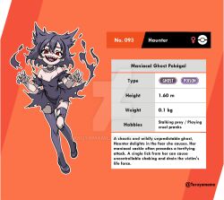  1girl artist_name bad_source character_name character_profile choker claw_pose collarbone commentary deviantart_logo deviantart_username dress english_commentary english_text full_body ghost ghost_girl haunter height multicolored_hair off-shoulder_dress off_shoulder open_mouth orange_background personification pokedex_number pokemon pokemon_sword_and_shield purple_dress purple_hair purple_shoes purple_thighhighs red_eyes sharp_teeth shoes smile solo taruyamame teeth thigh-highs torn_clothes torn_dress torn_thighhighs weight 